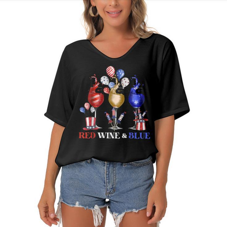 Funny Wine Glasses 4Th Of July Red White And Blue Firework  Women's Bat Sleeves V-Neck Blouse