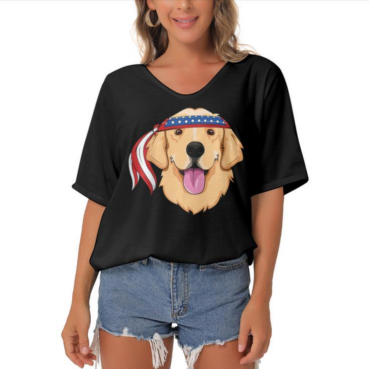 Golden Retriever 4Th Of July Family Dog Patriotic American  Women's Bat Sleeves V-Neck Blouse