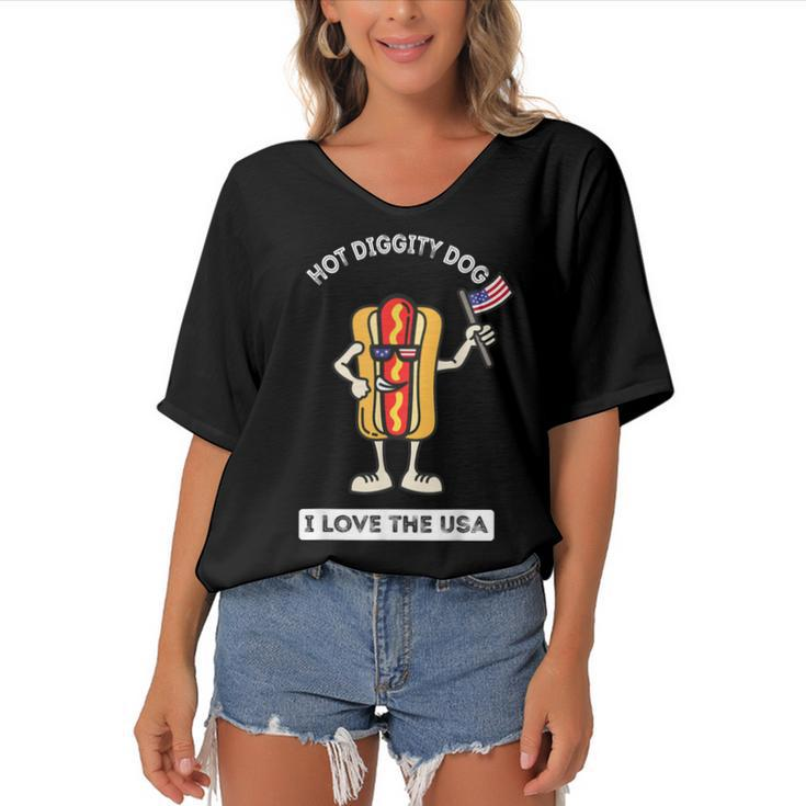 Hot Diggity Dog July 4Th Patriotic Bbq Picnic Cookout Funny  Women's Bat Sleeves V-Neck Blouse