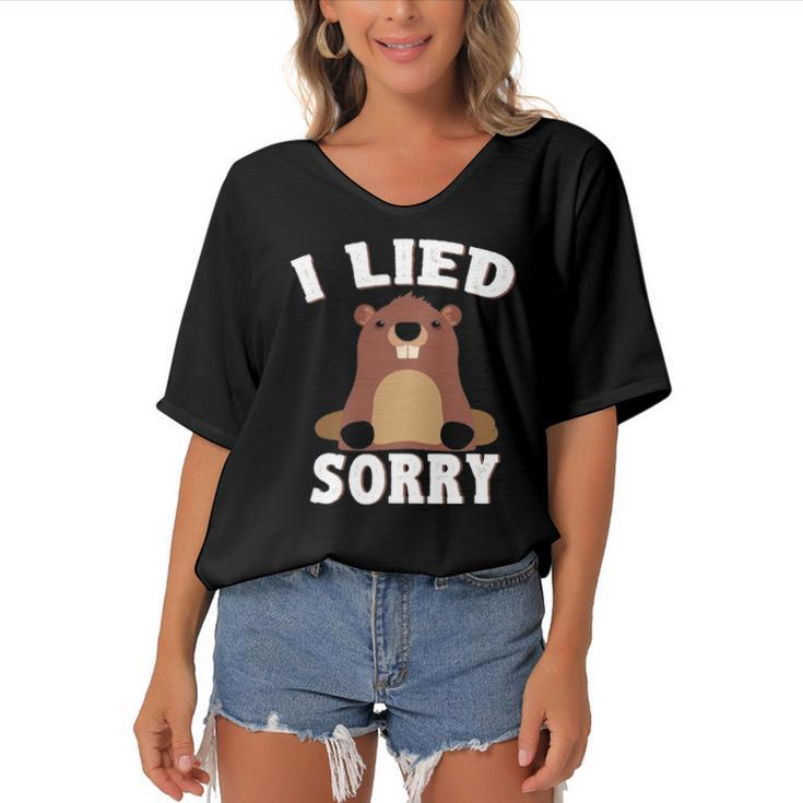 I Lied Sorry Funny Groundhog Day Brown Pig Gift Women's Bat Sleeves V-Neck Blouse