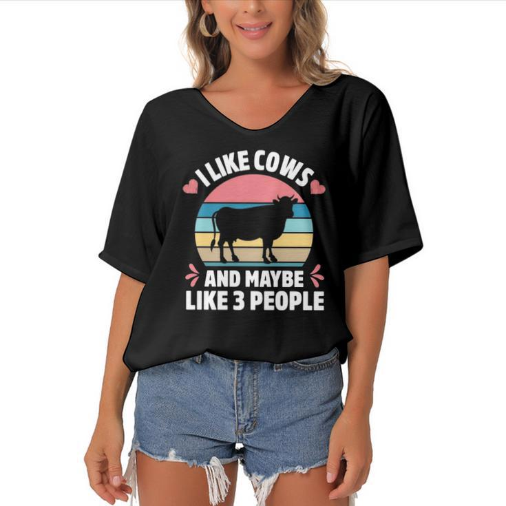 I Like Cows And Maybe Like 3 People Farm Farmer Cow Print  Women's Bat Sleeves V-Neck Blouse