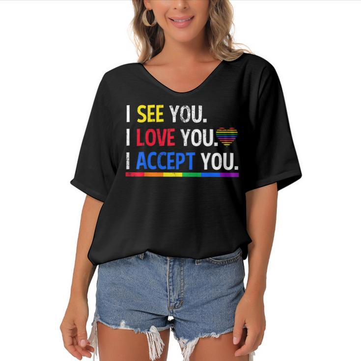 I See I Love You I Accept You Lgbtq Ally Gay Pride  Women's Bat Sleeves V-Neck Blouse