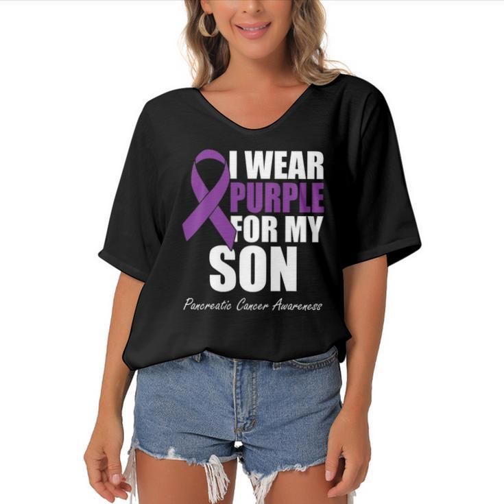I Wear Purple For My Son Pancreatic Cancer Awareness Women's Bat Sleeves V-Neck Blouse