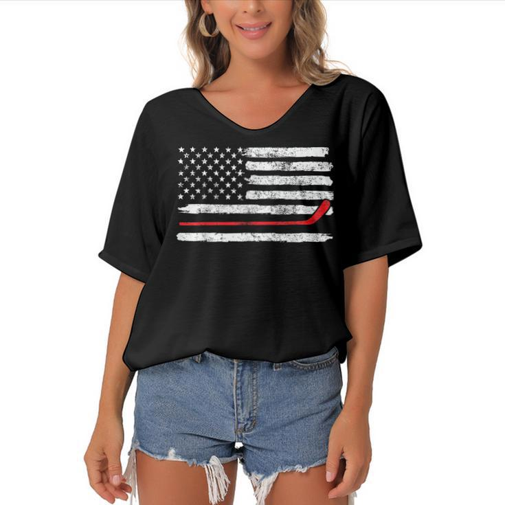 Ice Hockey Player Usa American Flag 4Th Of July Vintage  Women's Bat Sleeves V-Neck Blouse