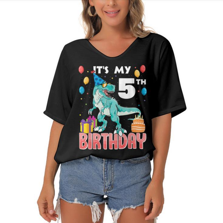 Its My 5Th Birthday Dino T-Rex 5 Years Old Bday  Women's Bat Sleeves V-Neck Blouse