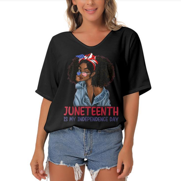 Juneteenth Is My Independence Day 4Th Of July Black Afro  Women's Bat Sleeves V-Neck Blouse