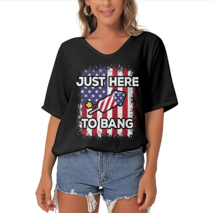 Just Here To Bang 4Th Of July American Flag Fourth Of July  Women's Bat Sleeves V-Neck Blouse