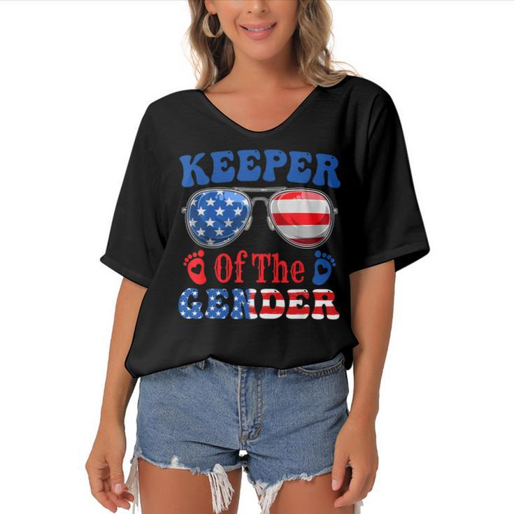 Keeper Of The Gender 4Th Of July Baby Gender Reveal  Women's Bat Sleeves V-Neck Blouse