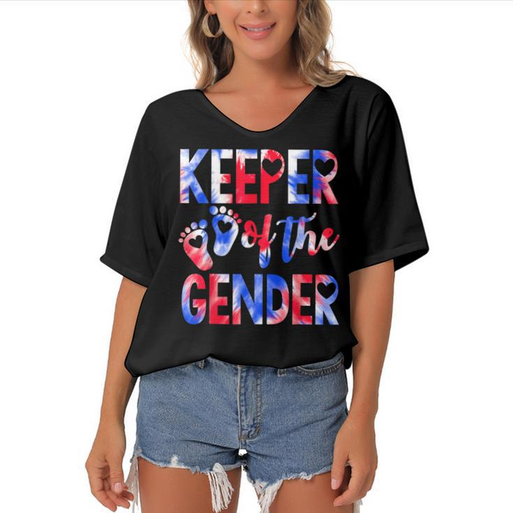 Keeper Of The Gender 4Th Of July Baby Gender Reveal  Women's Bat Sleeves V-Neck Blouse