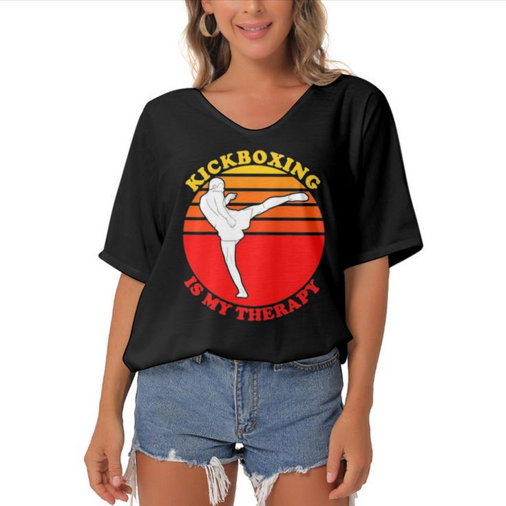 Kickboxing Is My Therapy Funny Kickboxing Women's Bat Sleeves V-Neck Blouse