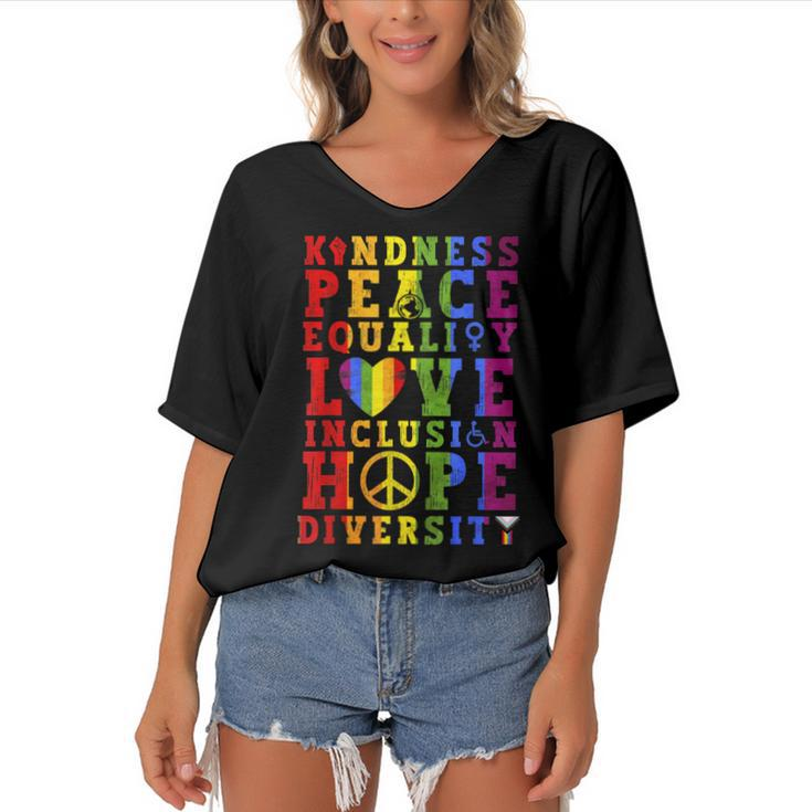 Kindness Equality Love Lgbtq Rainbow Flag Gay Pride Month  Women's Bat Sleeves V-Neck Blouse
