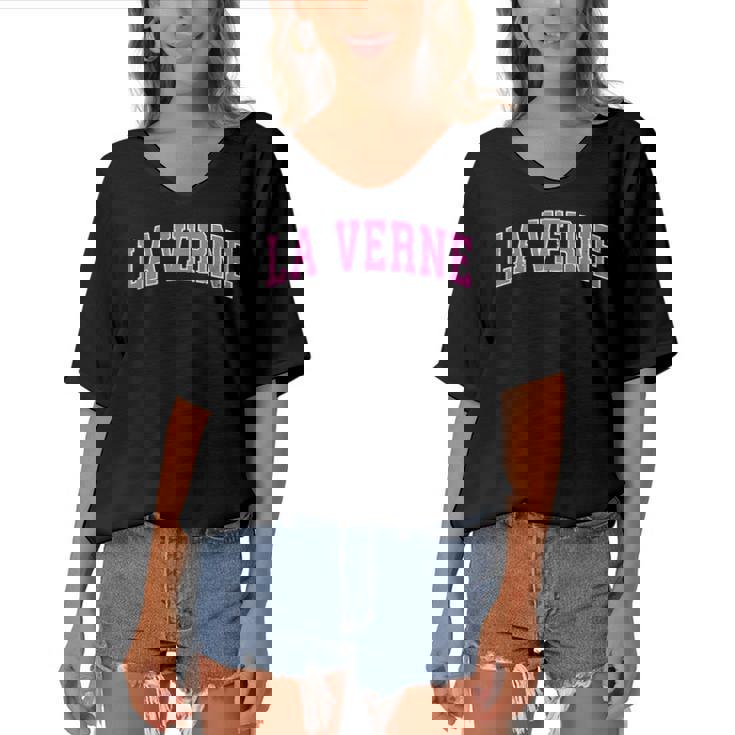 La Verne California Ca Vintage Sports Design Pink Design Women's Bat Sleeves V-Neck Blouse