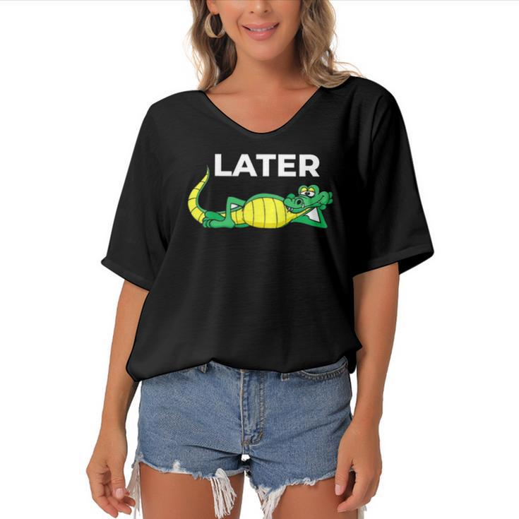 Later Gator With Cute Smiling Alligator Saying Goodbye Women's Bat Sleeves V-Neck Blouse