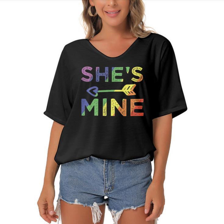 Lesbian Couple Shes Mine Im Hers Matching Lgbt Pride  Women's Bat Sleeves V-Neck Blouse