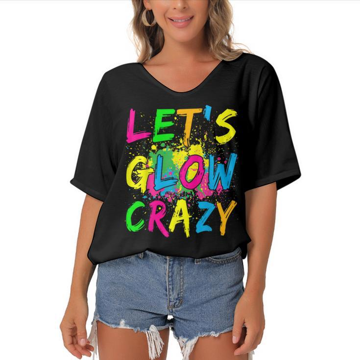 Lets Glow Crazy  - Retro Colorful Party Outfit  Women's Bat Sleeves V-Neck Blouse