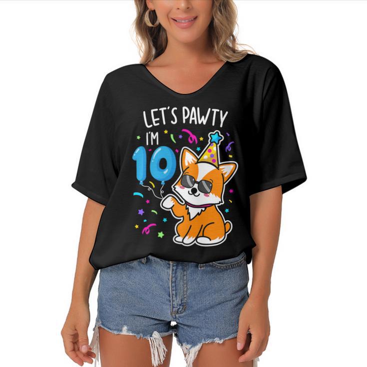 Lets Pawty Im 10Th Birthday Corgi 10 Years Old Birthday Women's Bat Sleeves V-Neck Blouse