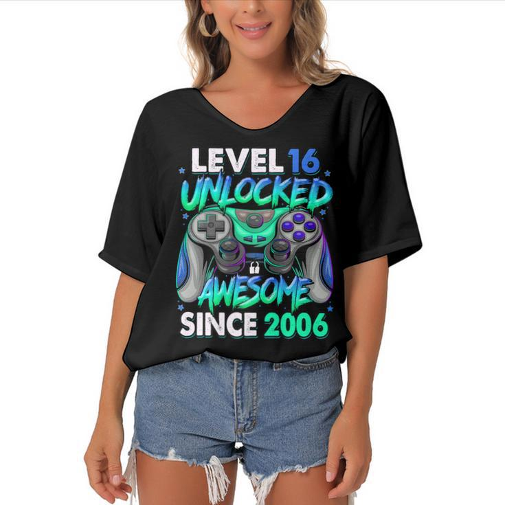 Level 16 Unlocked Awesome Since 2006 16Th Birthday Gaming   V2 Women's Bat Sleeves V-Neck Blouse