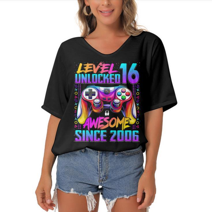 Level 16 Unlocked Awesome Since 2006 16Th Birthday Gaming  Women's Bat Sleeves V-Neck Blouse