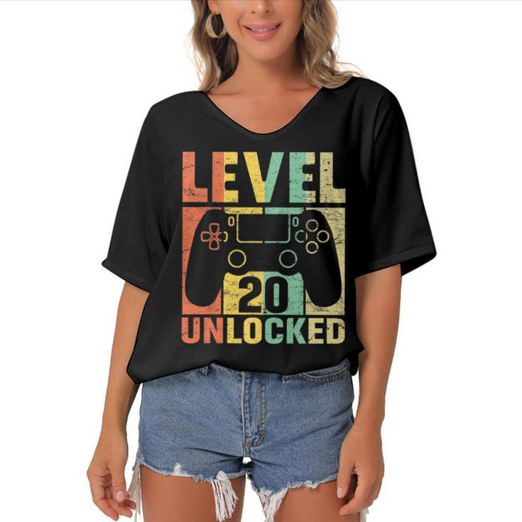 Level 20 Unlocked  Video Game 20Th Birthday Gift Retro   Women's Bat Sleeves V-Neck Blouse