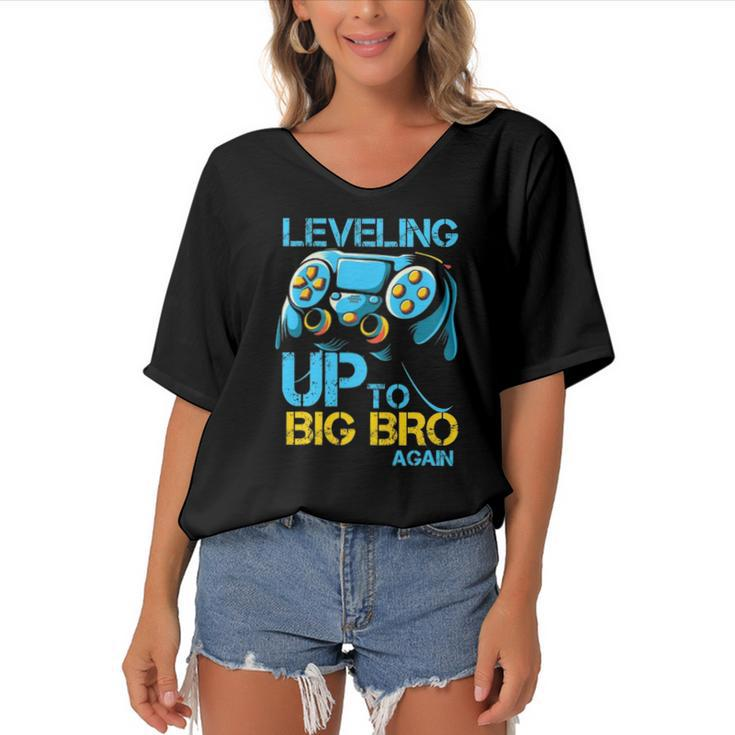 Leveling Up To Big Bro Again Gaming Lovers Vintage Women's Bat Sleeves V-Neck Blouse