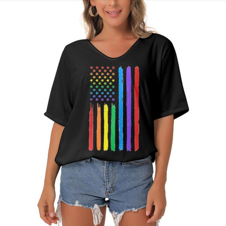 Lgbtq American Flag Pride Rainbow Gay Lesbian Bi Transgender  Women's Bat Sleeves V-Neck Blouse