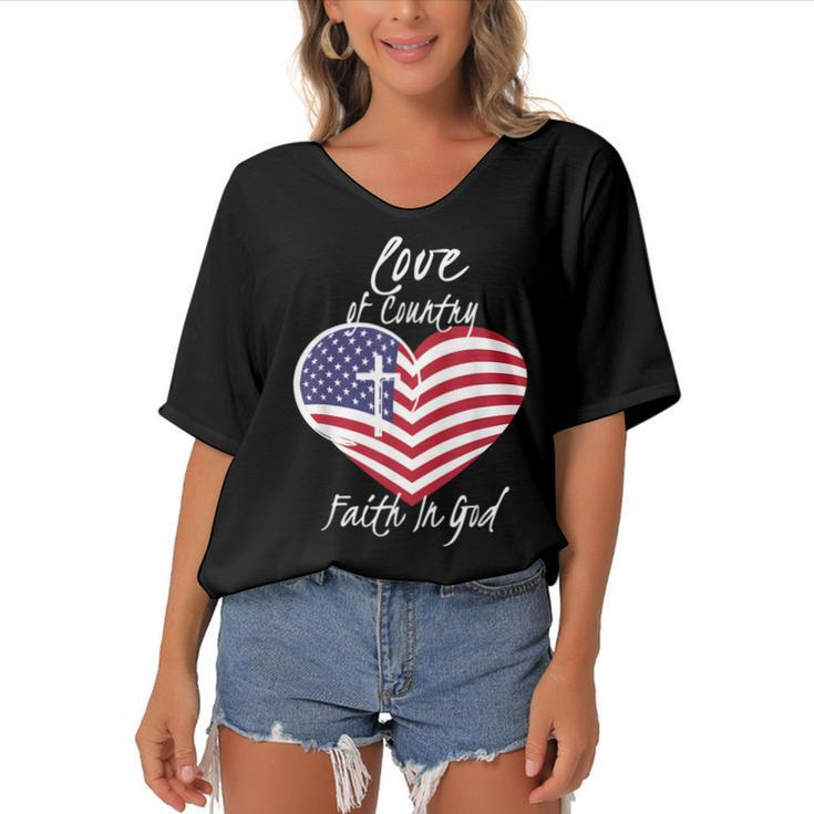 Love Of Country Faith In God Funny Christian 4Th Of July  Women's Bat Sleeves V-Neck Blouse