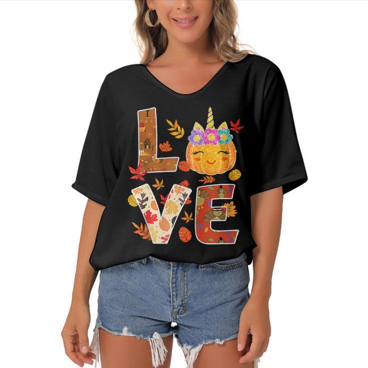 Love Unicorn Turkey Thanksgiving Happy 15 Shirt Women's Bat Sleeves V-Neck Blouse