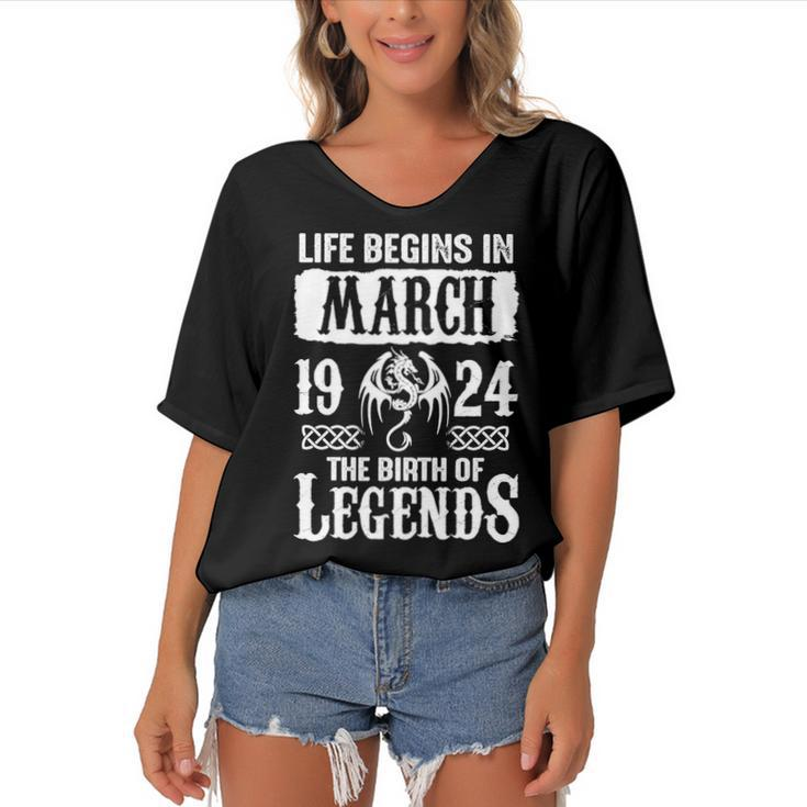 March 1924 Birthday   Life Begins In March 1924 Women's Bat Sleeves V-Neck Blouse