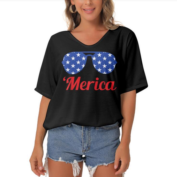 Merica Patriotic American Flag Pride Fourth Of July T  V2 Women's Bat Sleeves V-Neck Blouse