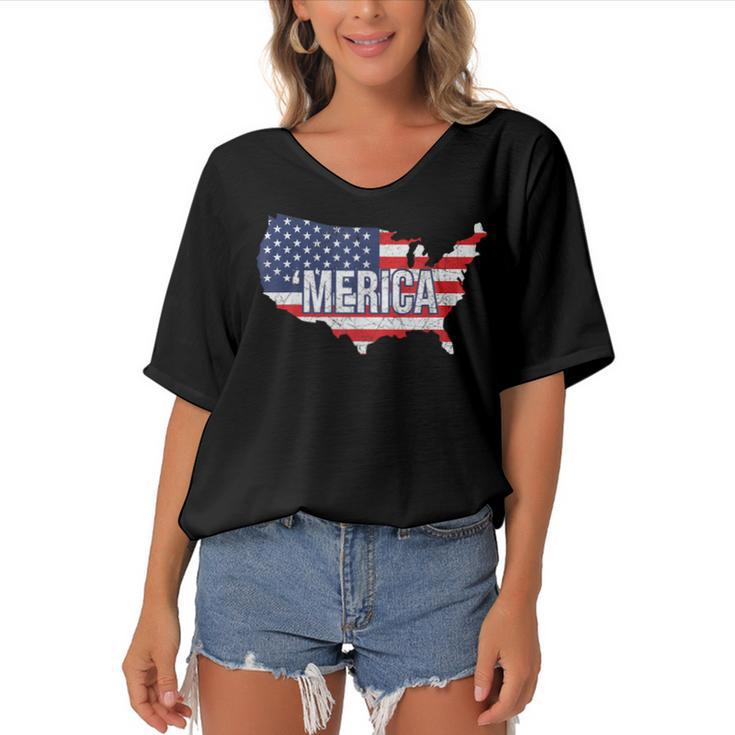 Merica Patriotic American Flag Pride Fourth Of July T  V3 Women's Bat Sleeves V-Neck Blouse