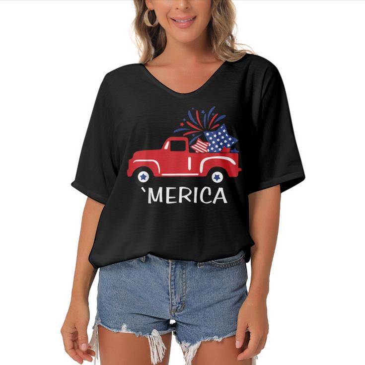 Merica Truck 4Th Of July Boys Girls Men Women Usa Flag  Women's Bat Sleeves V-Neck Blouse