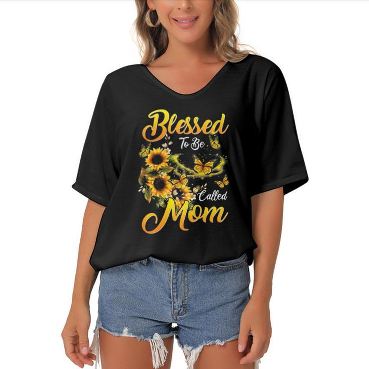 Mothers Day Blessed To Be Called Mom Sunflower Lovers Women's Bat Sleeves V-Neck Blouse