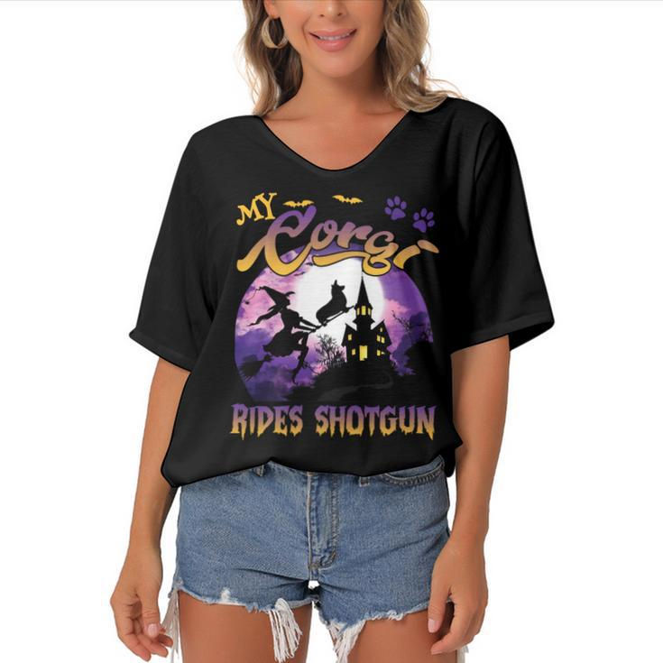 My Corgi Rides Shotgun Cool Halloween Protector Witch Dog Women's Bat Sleeves V-Neck Blouse