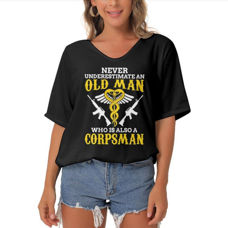 Never Underestimate An Old Man Corpsman Women's Bat Sleeves V-Neck Blouse