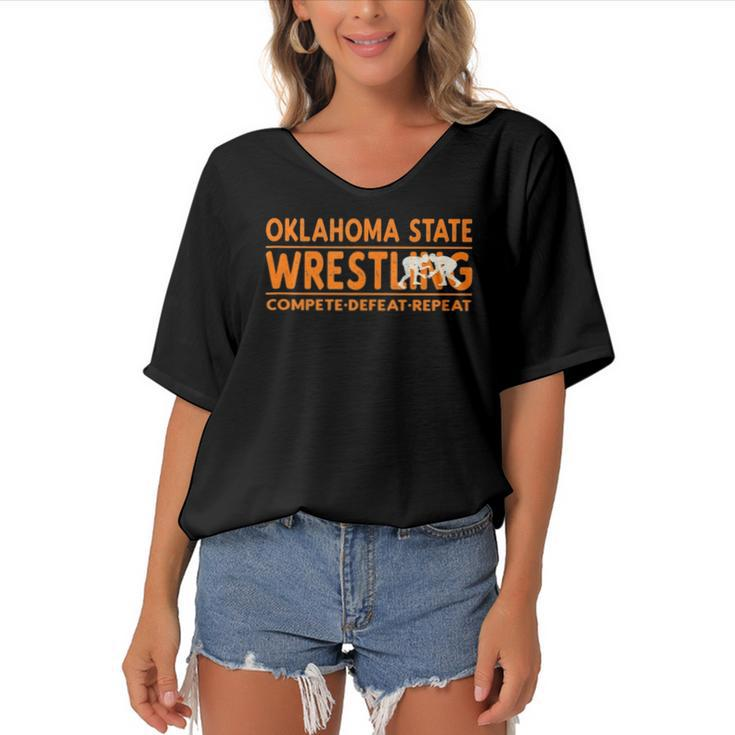 Oklahoma State Wrestling Compete Defeat Repeat  Women's Bat Sleeves V-Neck Blouse