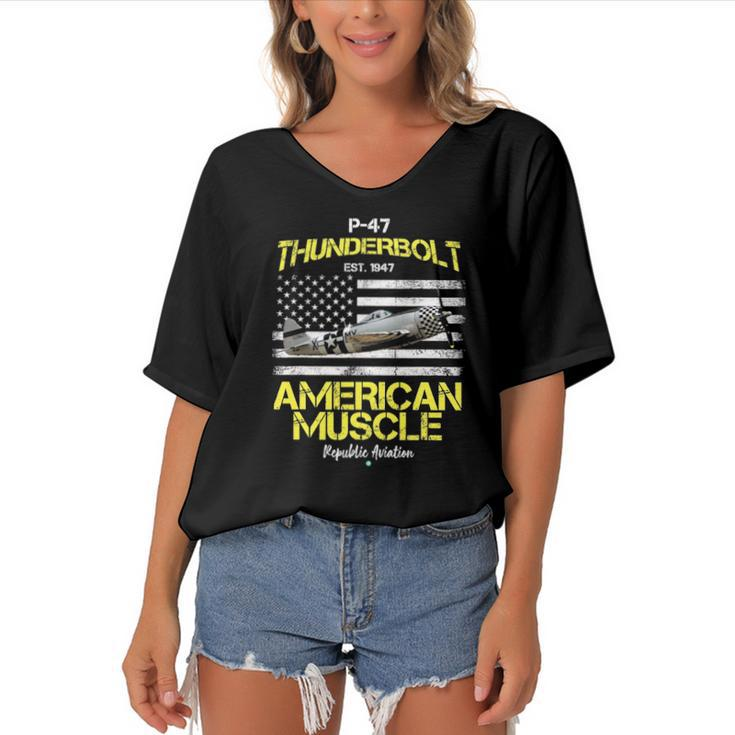 P-47 Thunderbolt Wwii Airplane American Muscle Gift Women's Bat Sleeves V-Neck Blouse