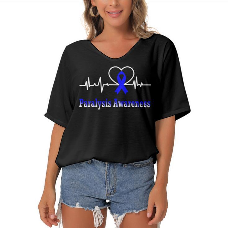 Paralysis Awareness Awareness Heartbeat  Blue Ribbon  Paralysis  Paralysis Awareness Women's Bat Sleeves V-Neck Blouse