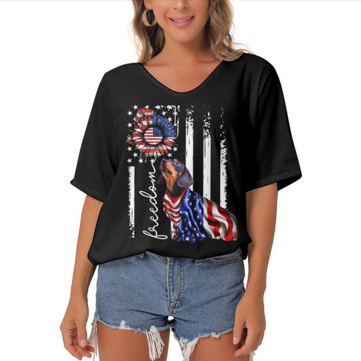 Patriotic 4Th Of July Weiner Dachshund Dog Freedom   Women's Bat Sleeves V-Neck Blouse