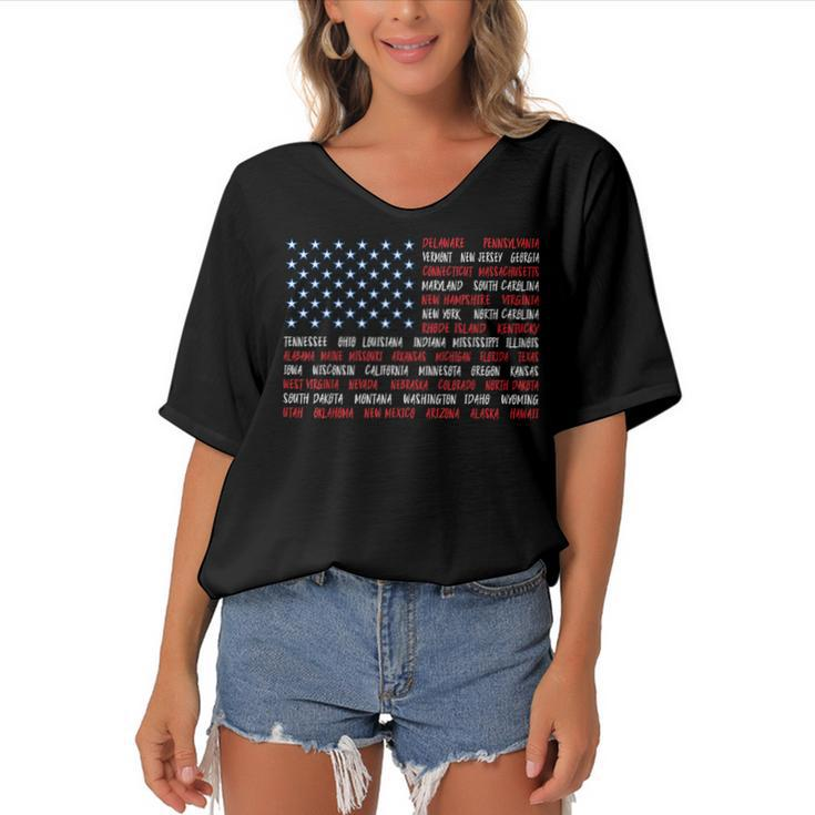 Patriotic July 4Th Usa American Flag All 50 State Names  Women's Bat Sleeves V-Neck Blouse