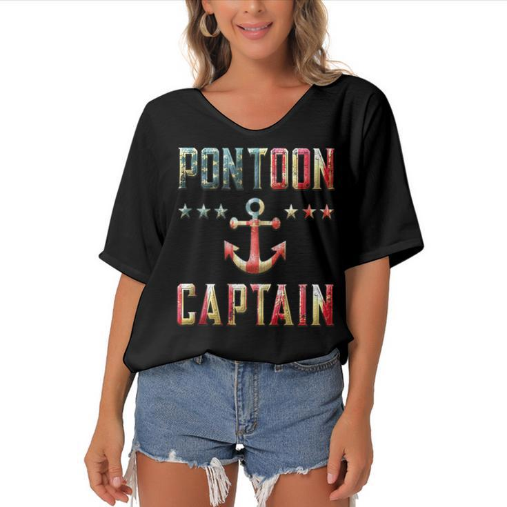 Patriotic Pontoon Captain Vintage Us Flag July 4Th Boating  Women's Bat Sleeves V-Neck Blouse