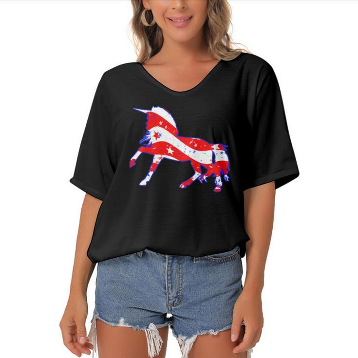 Patriotic Unicorn Funny Memorial Day And 4Th Of July Women's Bat Sleeves V-Neck Blouse
