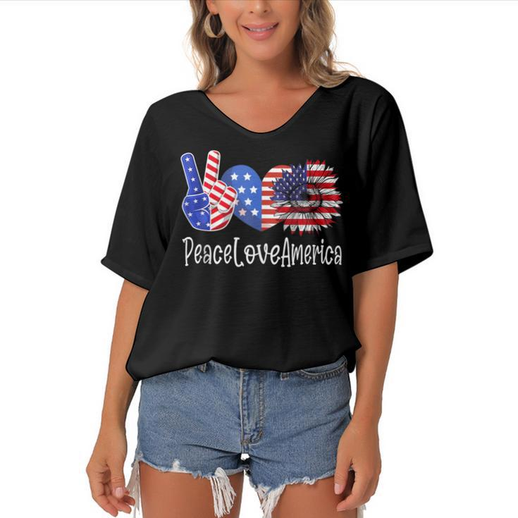 Peace Love America 4Th July Patriotic Sunflower Heart Sign  V4 Women's Bat Sleeves V-Neck Blouse