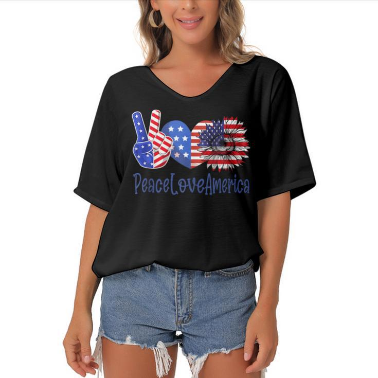 Peace Love America 4Th July Patriotic Sunflower Heart Sign V6 Women's Bat Sleeves V-Neck Blouse