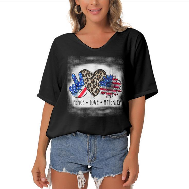 Peace Love America Bleached With Leopard Sunflower Us Flag  V2 Women's Bat Sleeves V-Neck Blouse