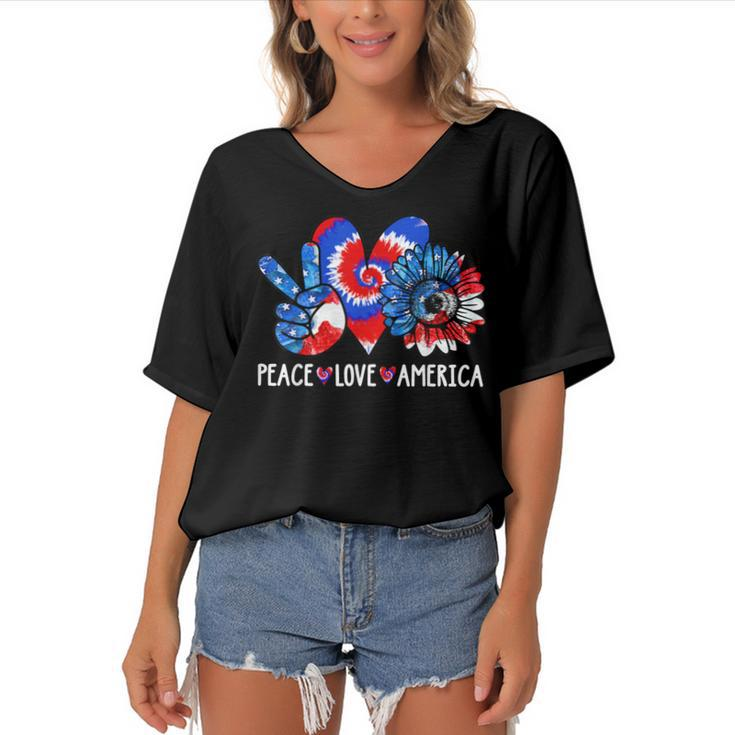 Peace Love America Sunflower Patriotic Tie Dye 4Th Of July  Women's Bat Sleeves V-Neck Blouse