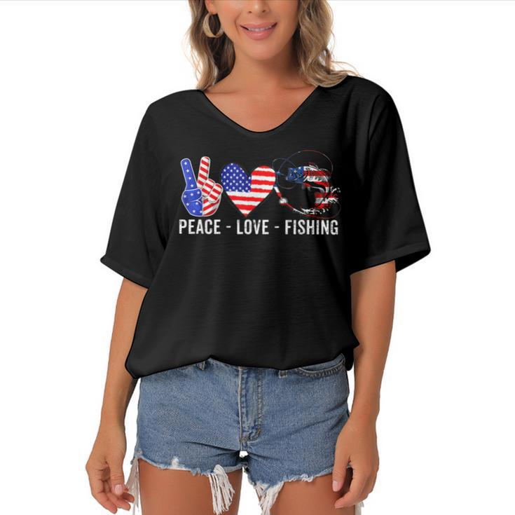 Peace Love Fishing America 4Th July Patriotic Heart Sign  Women's Bat Sleeves V-Neck Blouse
