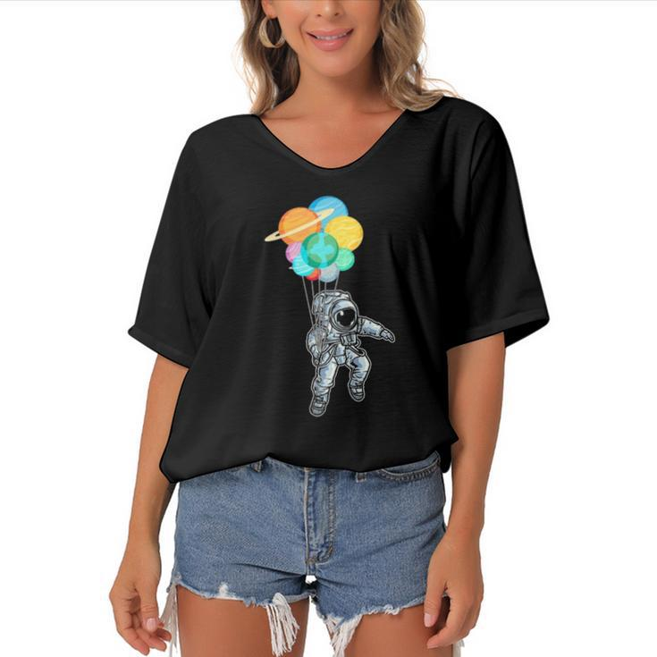 Planet Balloons Astronaut Space Science Women's Bat Sleeves V-Neck Blouse