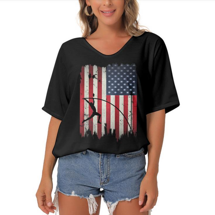 Pole Vault Usa American Flag 4Th Of July Jump Sports Gift  Women's Bat Sleeves V-Neck Blouse