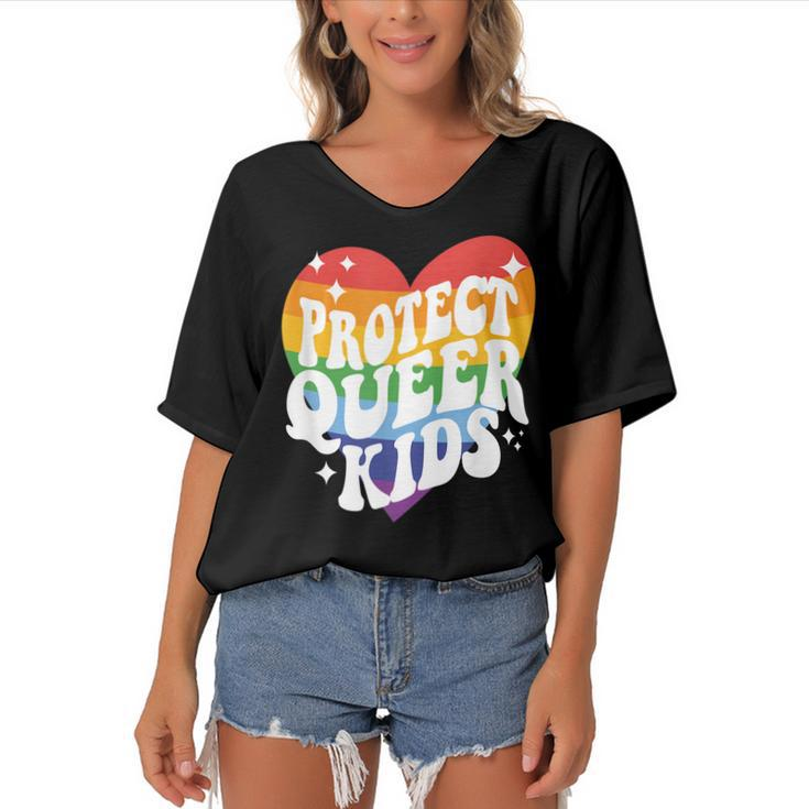 Protect Queer Kids Gay Pride Lgbt Support Queer Pride Month  Women's Bat Sleeves V-Neck Blouse
