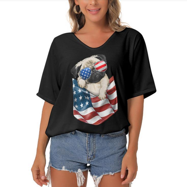 Pug In Pocket Dog 4Th July  Men Women Kids Usa Flag  Women's Bat Sleeves V-Neck Blouse